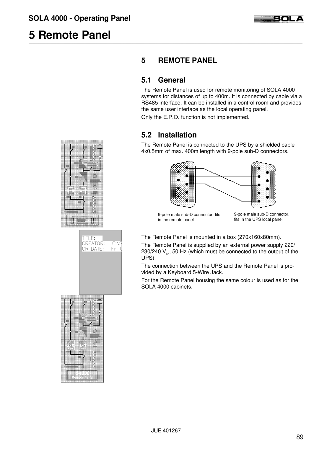 Powerware SOLA 4000 manual Remote Panel, Installation 