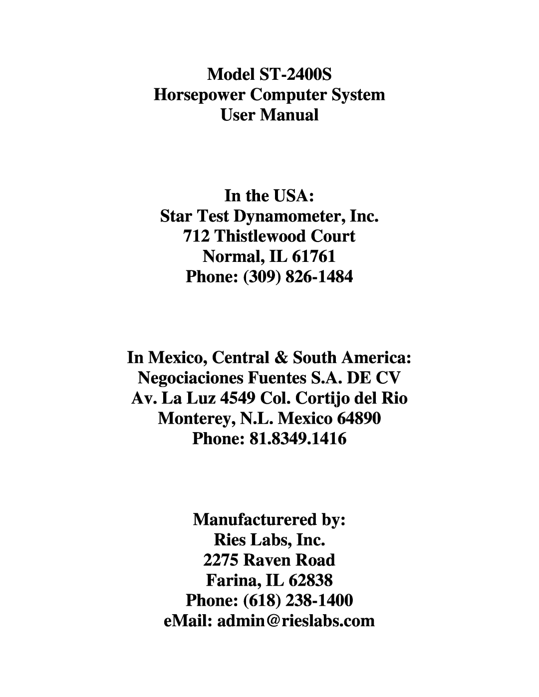 Powerware user manual Model ST-2400S Horsepower Computer System User Manual In the USA, eMail admin@rieslabs.com 