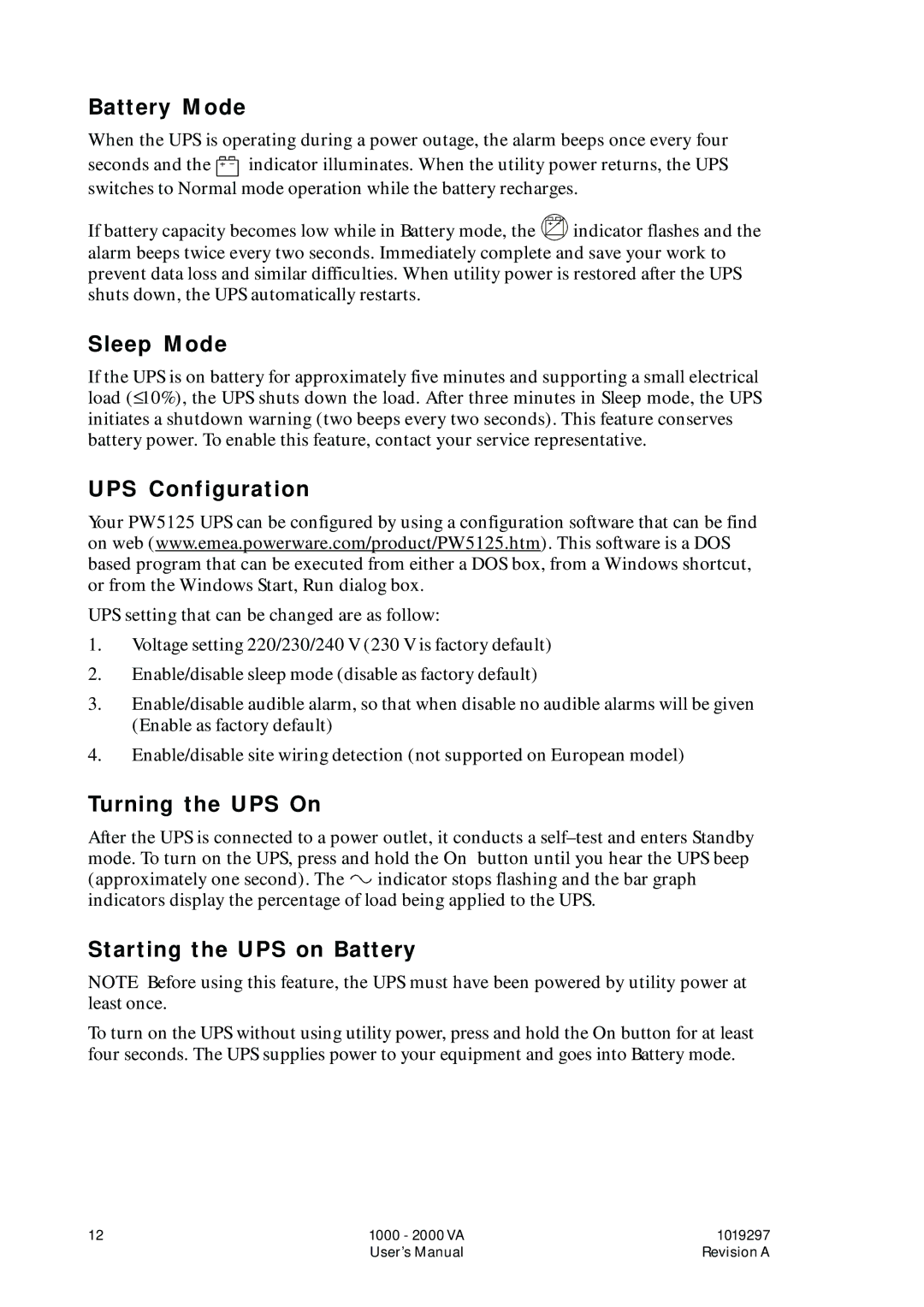 Powerware UPS 1000 - 2200 Battery Mode, Sleep Mode, UPS Configuration, Turning the UPS On, Starting the UPS on Battery 