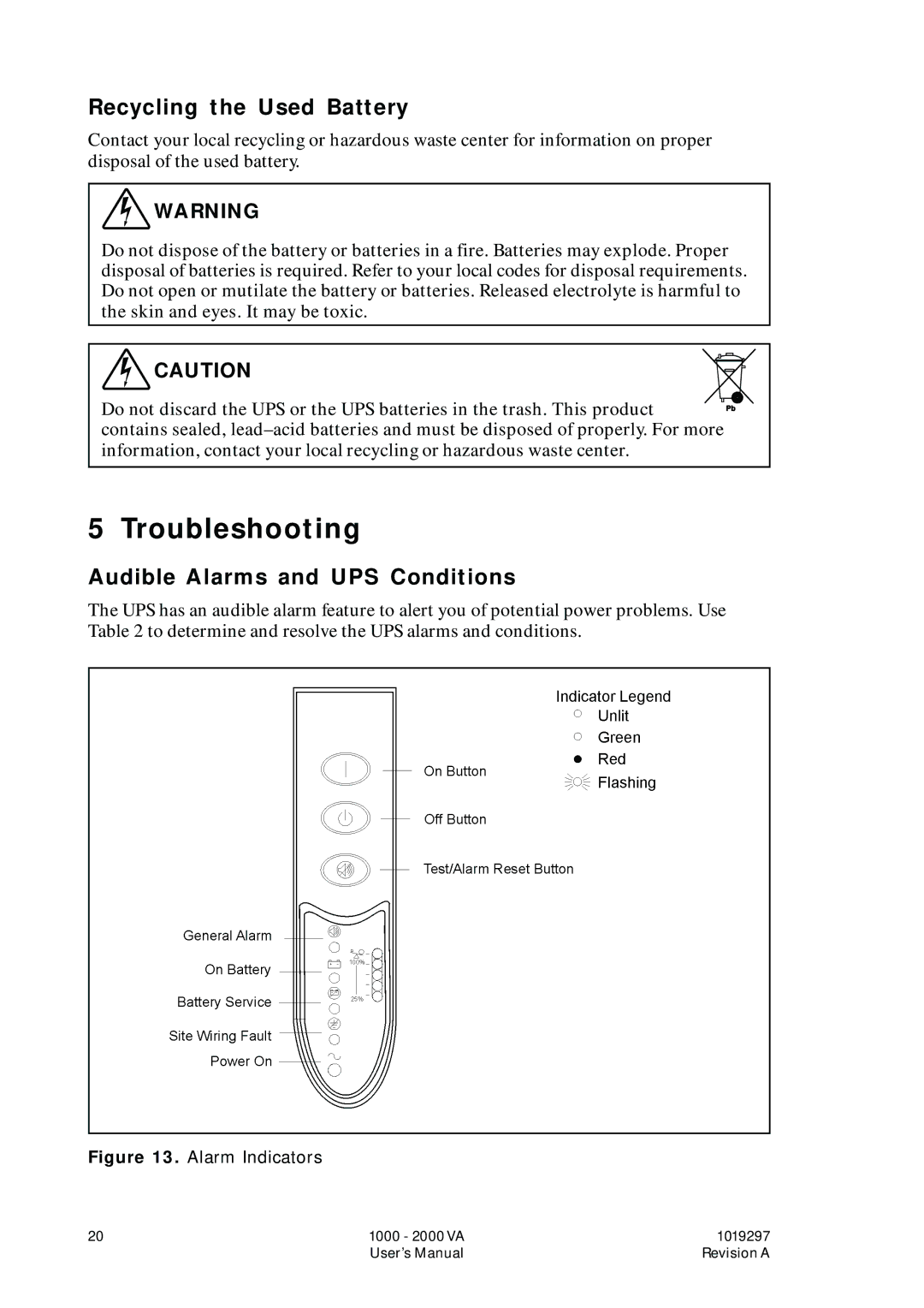 Powerware UPS 1000 - 2200 user manual Troubleshooting, Recycling the Used Battery, Audible Alarms and UPS Conditions 