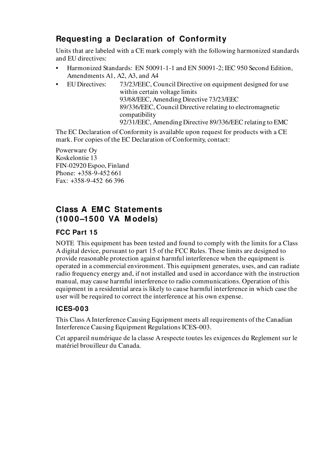 Powerware UPS 1000 - 2200 user manual Requesting a Declaration of Conformity, Class a EMC Statements VA Models 