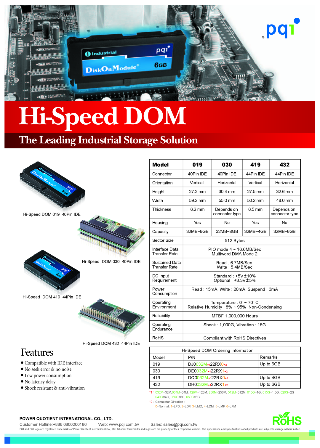 PQI 030 specifications Hi-Speed DOM, RoHS, The Leading Industrial Storage Solution, Features, Model, Customer Hotline+886 