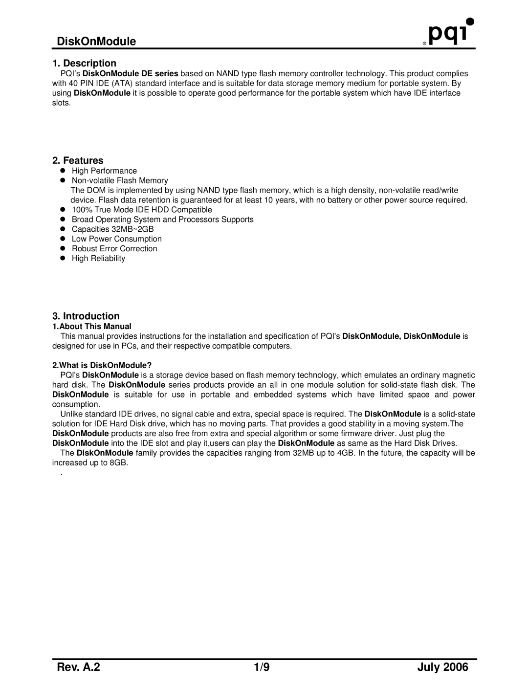 PQI DE Series, DE Wide Temp Series manual Description, Features, Introduction, About This Manual, What is DiskOnModule? 