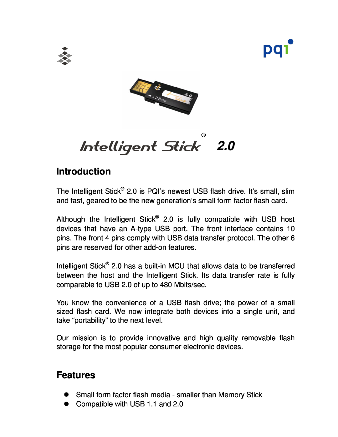 PQI I-Stick 2.0 manual Introduction, Features 