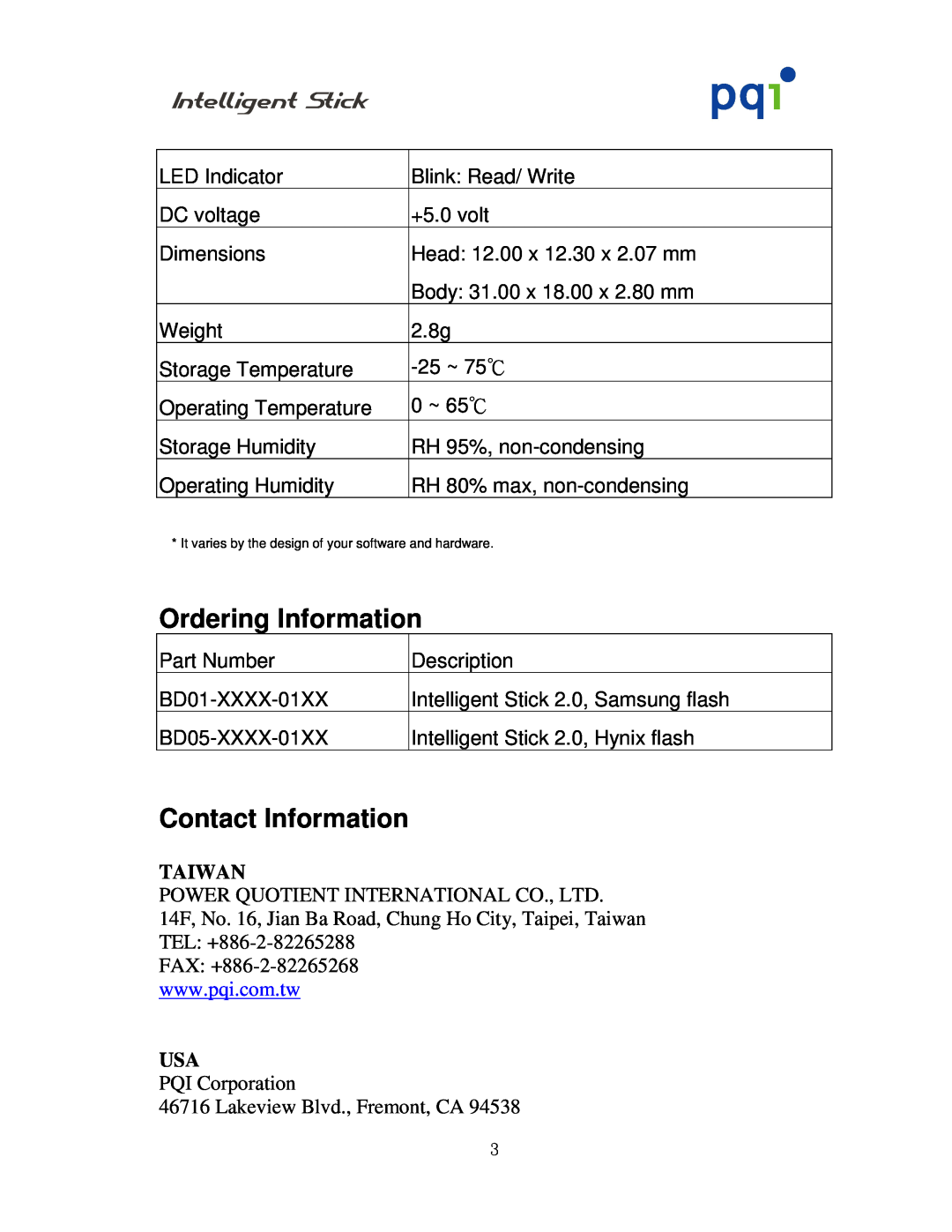 PQI I-Stick 2.0 manual Ordering Information, Contact Information, Taiwan 