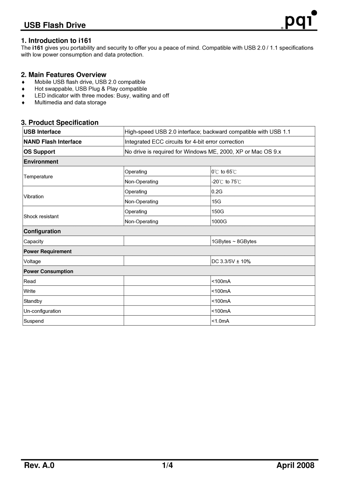 PQI i161 manual Introduction to, Main Features Overview, Product Specification, Configuration 