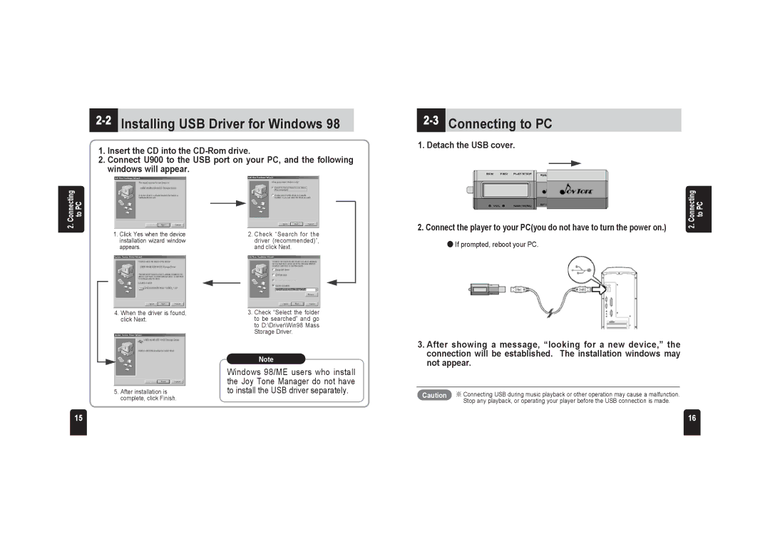 PQI JoyTone-U900 2Installing USB Driver for Windows, 3Connecting to PC, Detach the USB cover, If prompted, reboot your PC 