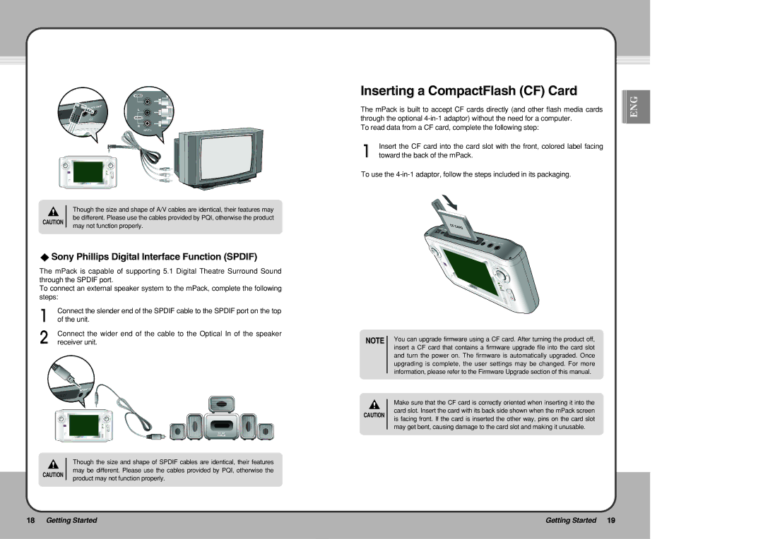 PQI mPack Inserting a CompactFlash CF Card, Sony Phillips Digital Interface Function Spdif, May not function properly 