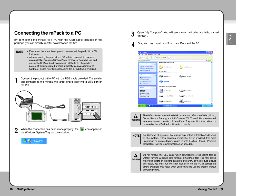 PQI user manual Connecting the mPack to a PC, Drag and drop data to and from the mPack and the PC, Correcting errors 