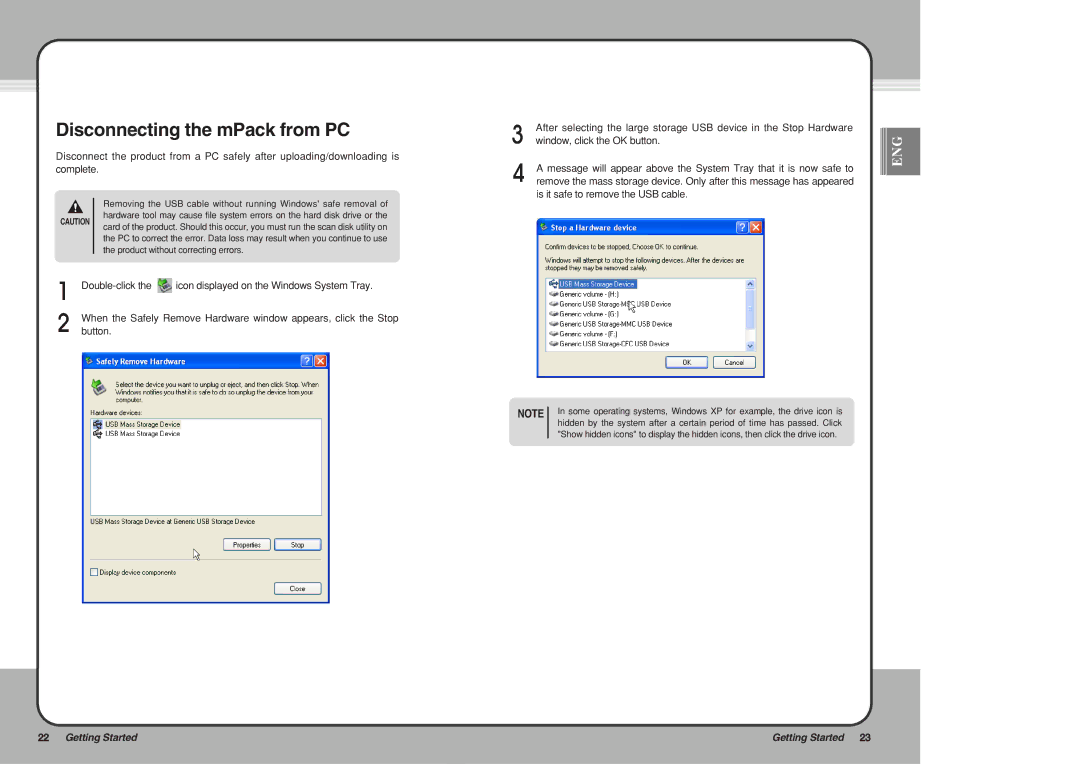 PQI user manual Disconnecting the mPack from PC, Removing the USB cable without running Windows safe removal 