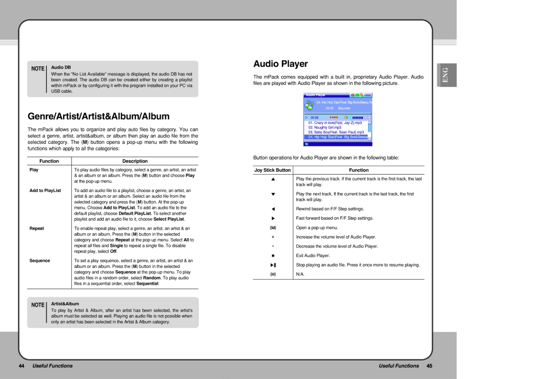 PQI mPack user manual Genre/Artist/Artist&Album/Album, Audio Player, Function 