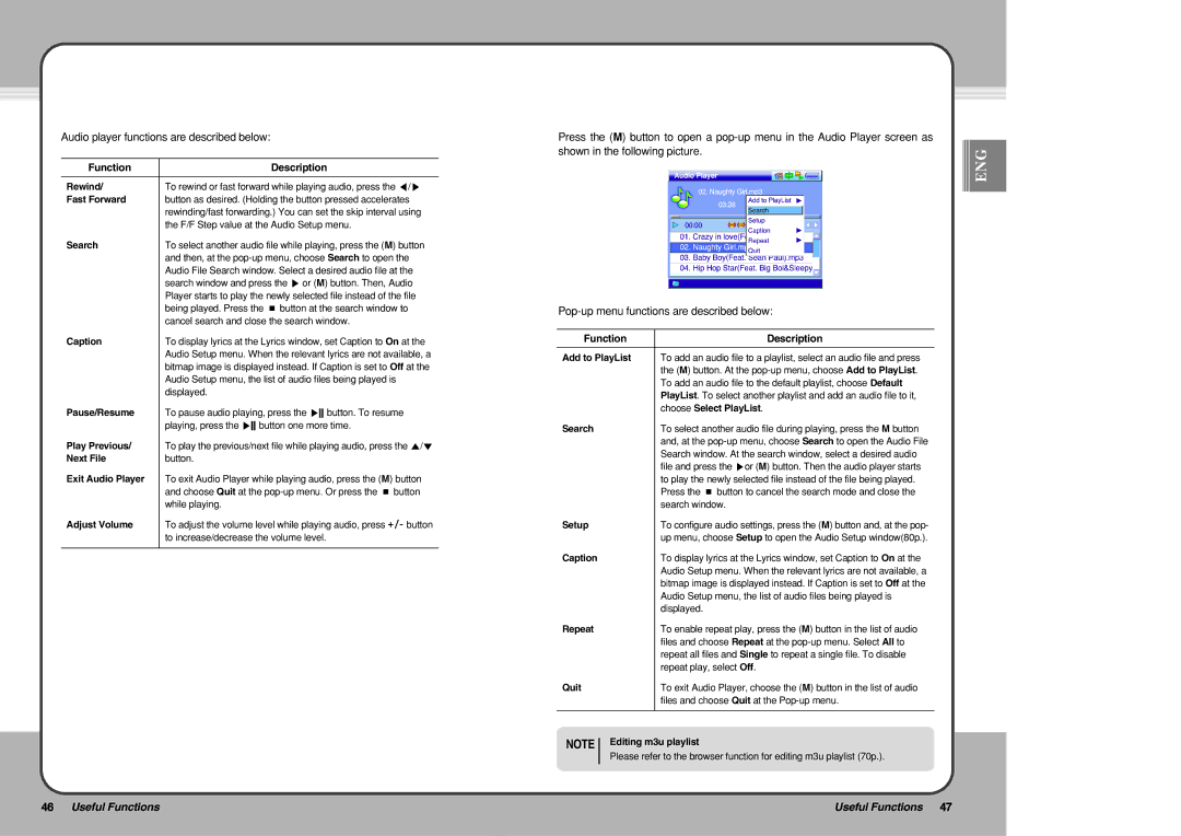 PQI mPack user manual Audio player functions are described below 