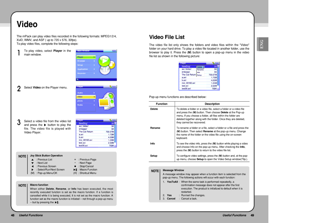 PQI mPack user manual Video File List, Info 