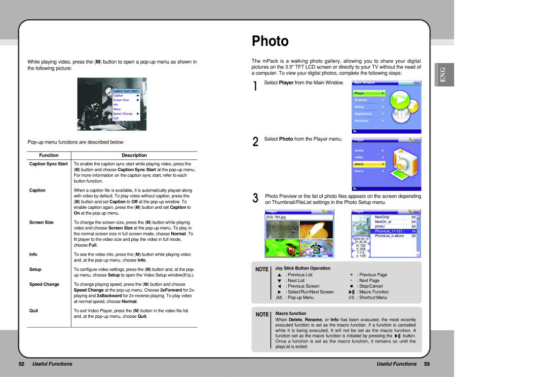 PQI mPack user manual Photo, Caption Sync Start, Screen Size, Speed Change 