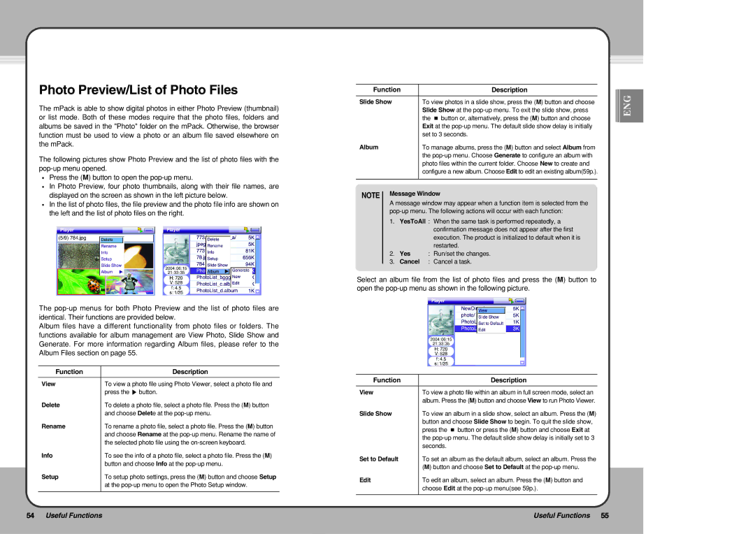 PQI mPack user manual Photo Preview/List of Photo Files, View, Slide Show, Album, Edit 