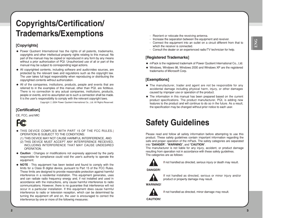 PQI mPack user manual Copyrights/Certification Trademarks/Exemptions, Safety Guidelines 