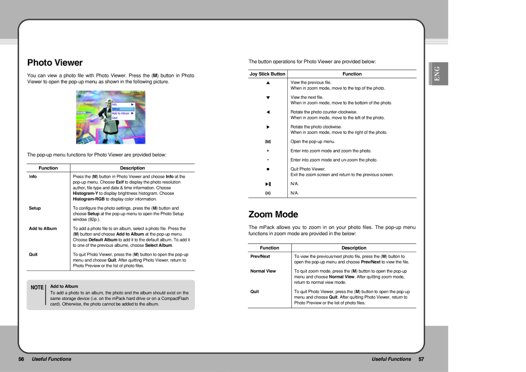 PQI mPack user manual Zoom Mode, Button operations for Photo Viewer are provided below 