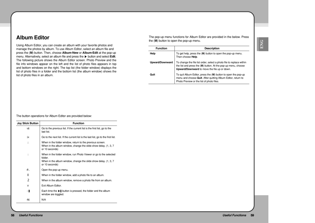 PQI mPack user manual Album Editor, Help, Upward/Downward 