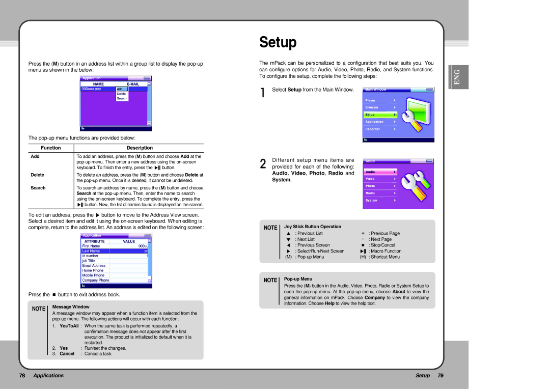 PQI mPack user manual Setup, Press the button to exit address book, Add, Pop-up Menu 