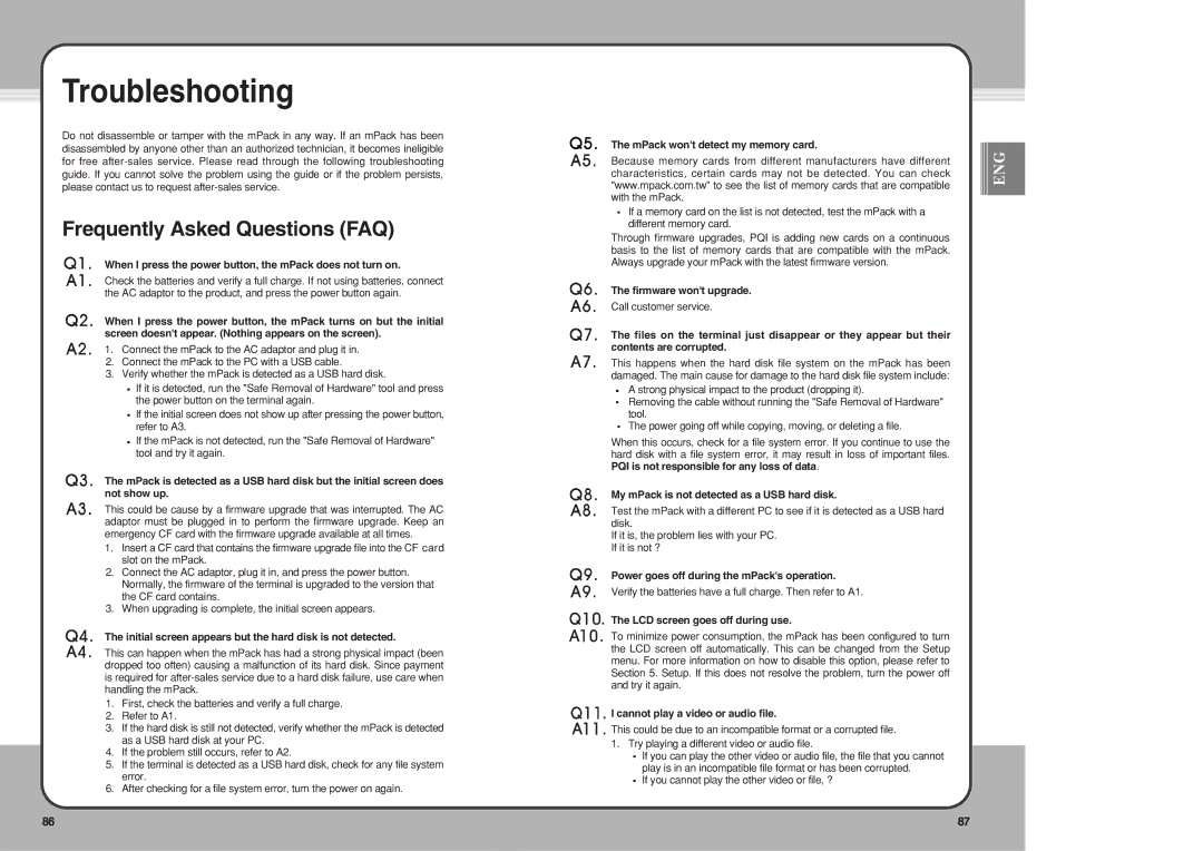 PQI mPack user manual Troubleshooting, Frequently Asked Questions FAQ 