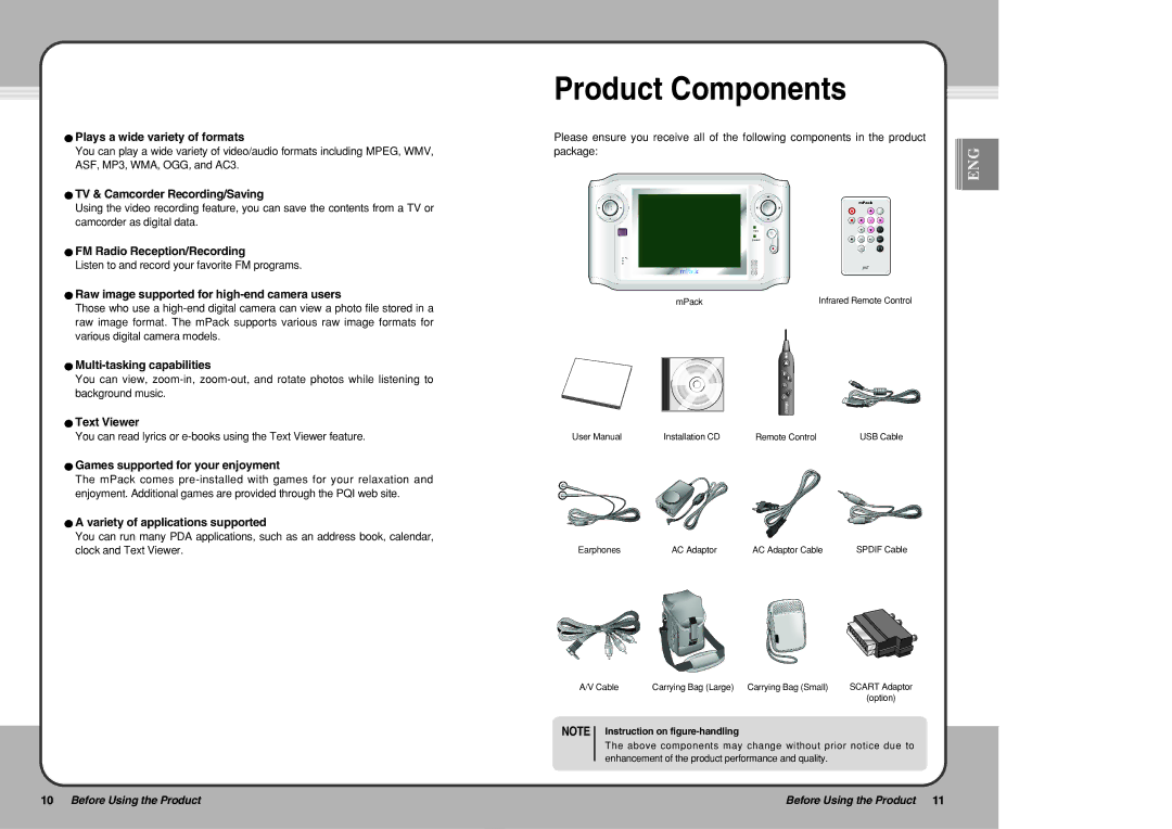 PQI mPack Product Components, Listen to and record your favorite FM programs, MPack, Installation CD Remote Control 