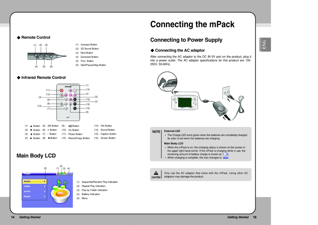 PQI user manual Connecting the mPack, Main Body LCD, Connecting to Power Supply 