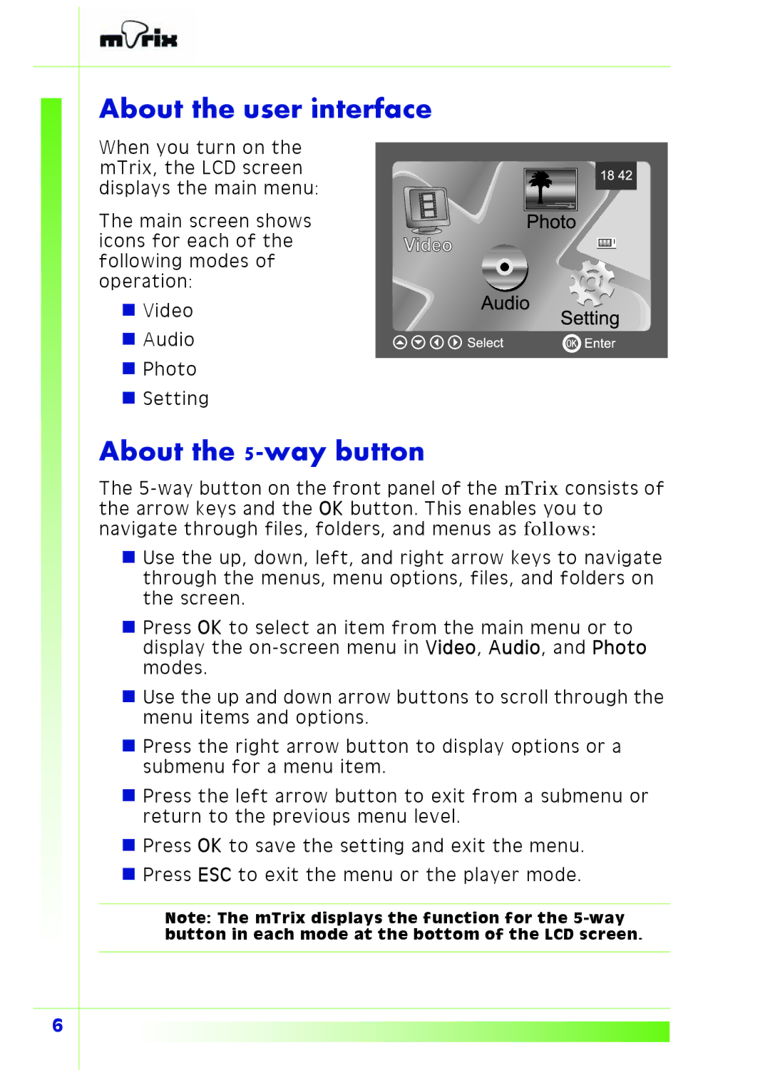 PQI Multimedia Player user manual About the user interface, About the 5-way button 