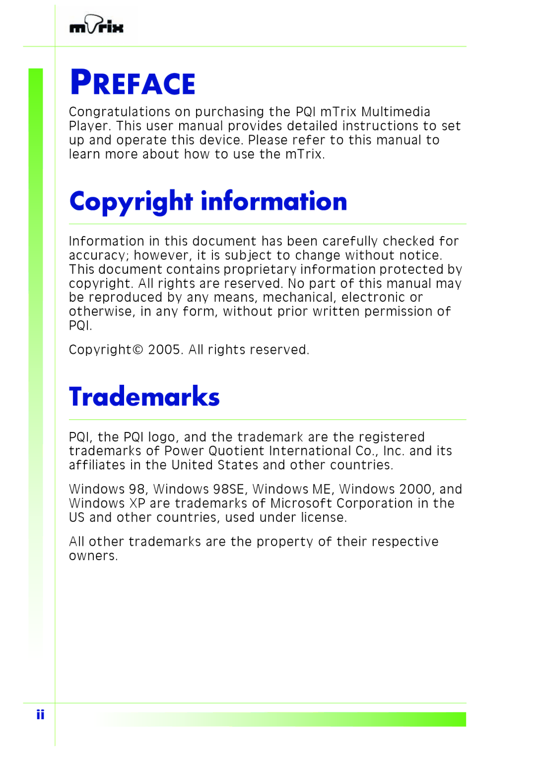 PQI Multimedia Player user manual Preface, Copyright information, Trademarks 