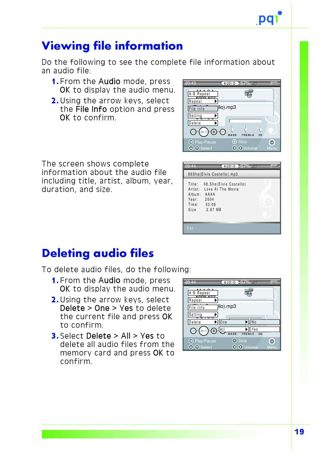 PQI Multimedia Player user manual Viewing file information, Deleting audio files 