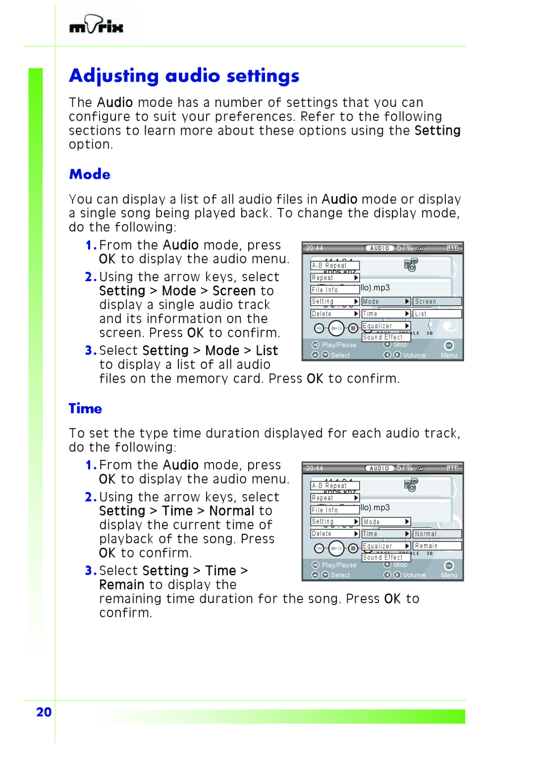 PQI Multimedia Player user manual Adjusting audio settings, Mode 