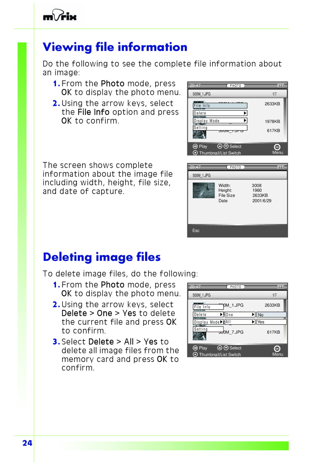 PQI Multimedia Player user manual Deleting image files, 2047 