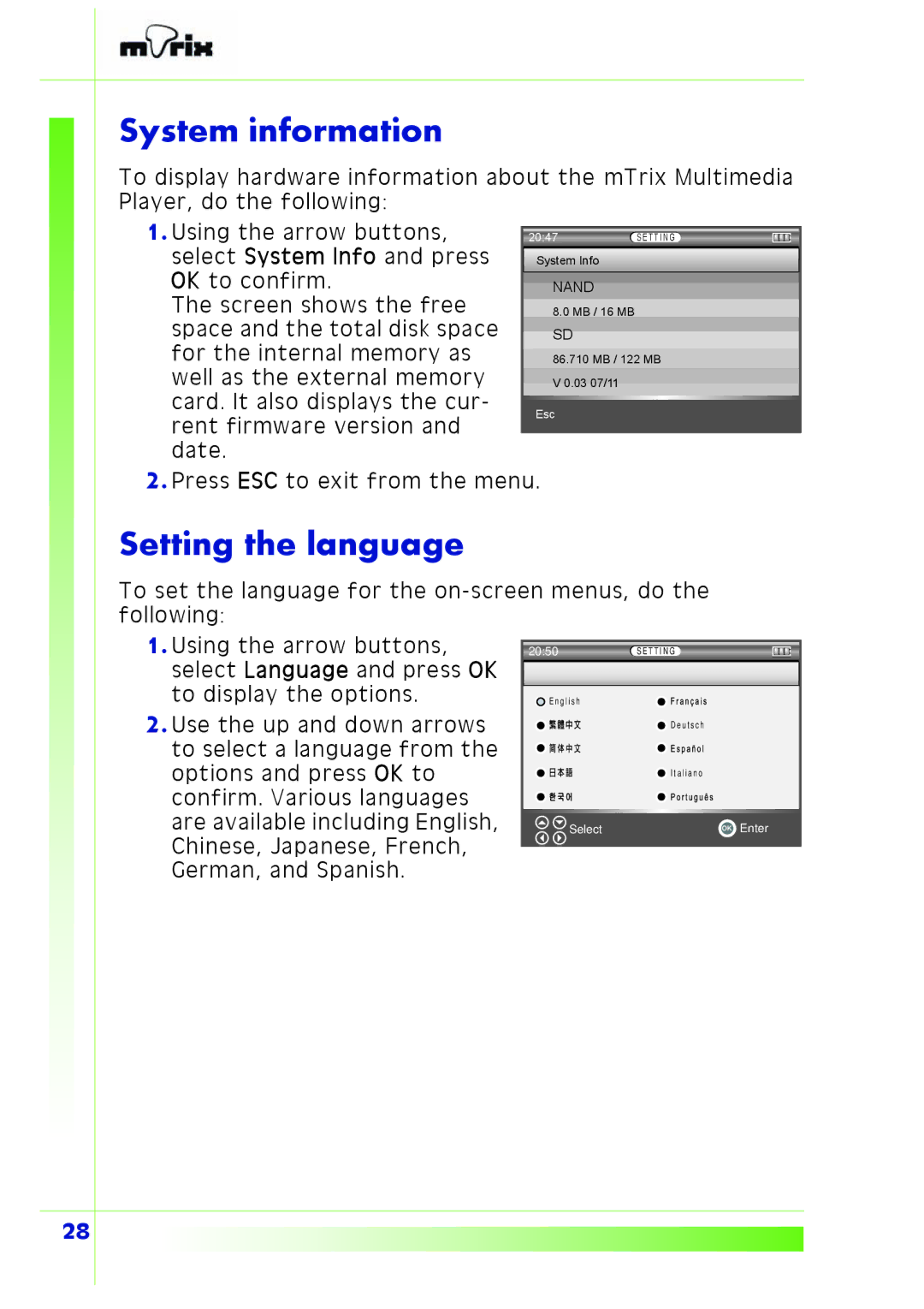 PQI Multimedia Player user manual System information, Setting the language 