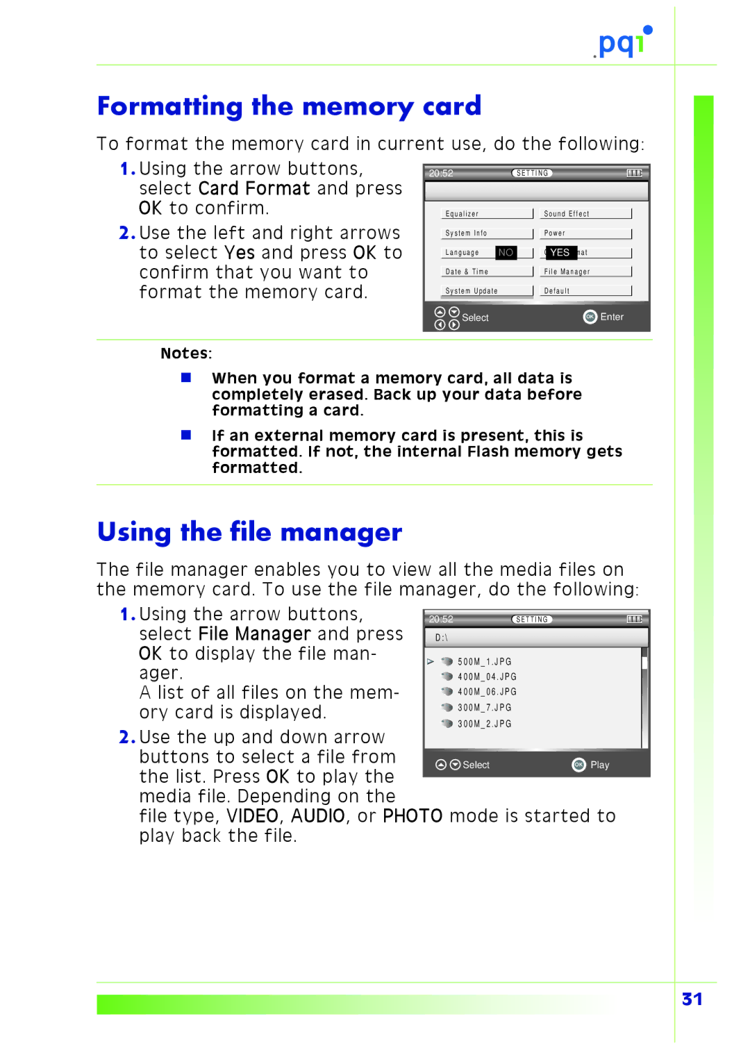 PQI Multimedia Player user manual Formatting the memory card, Using the file manager 