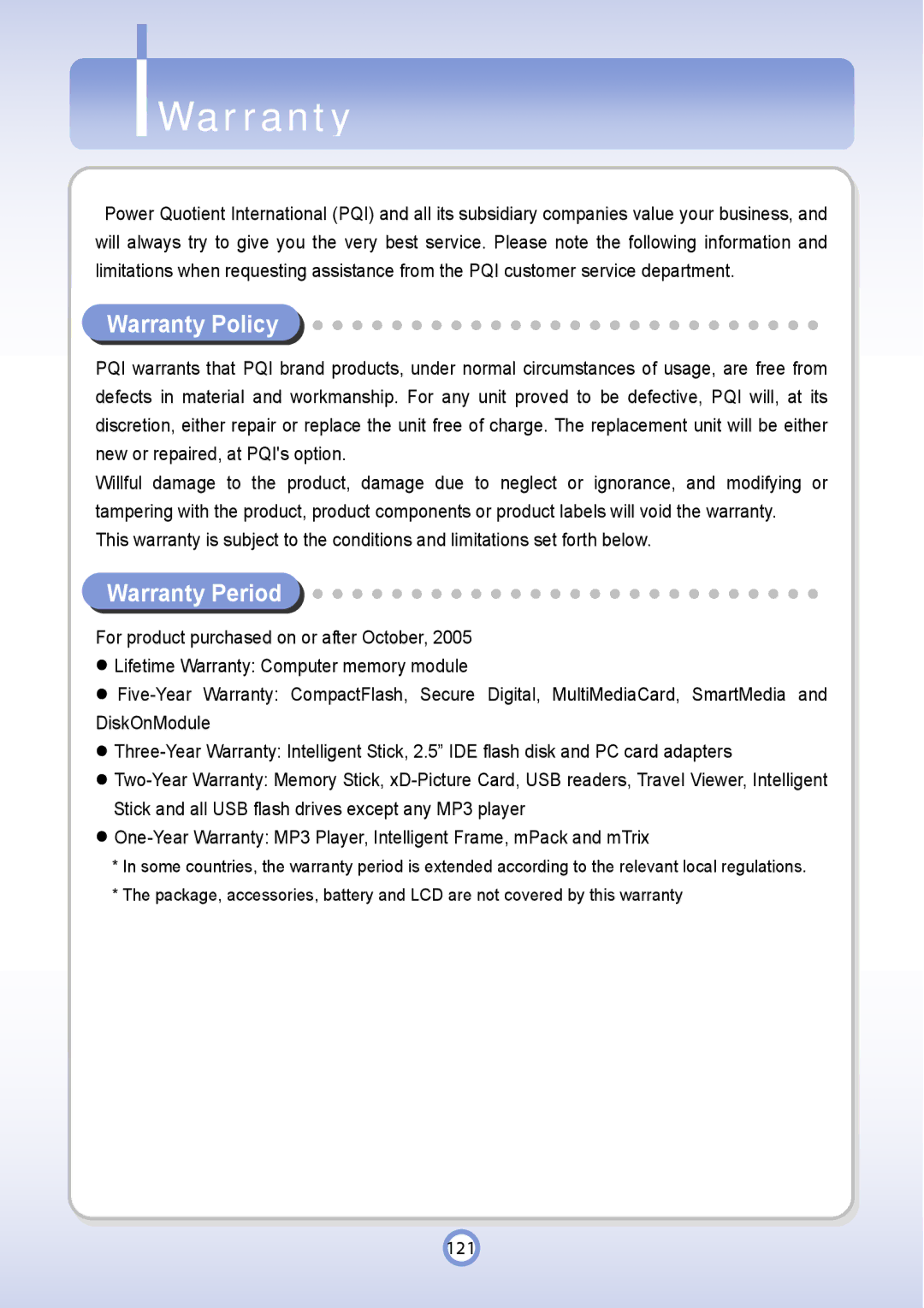 PQI P600 manual Warranty Policy, Warranty Period 