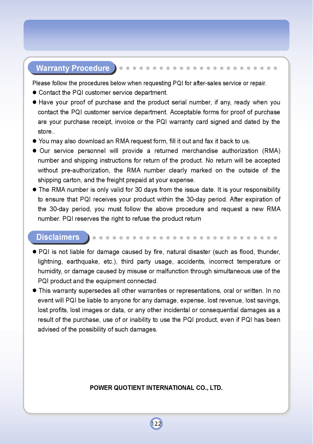 PQI P600 manual Warranty Procedure, Disclaimers 