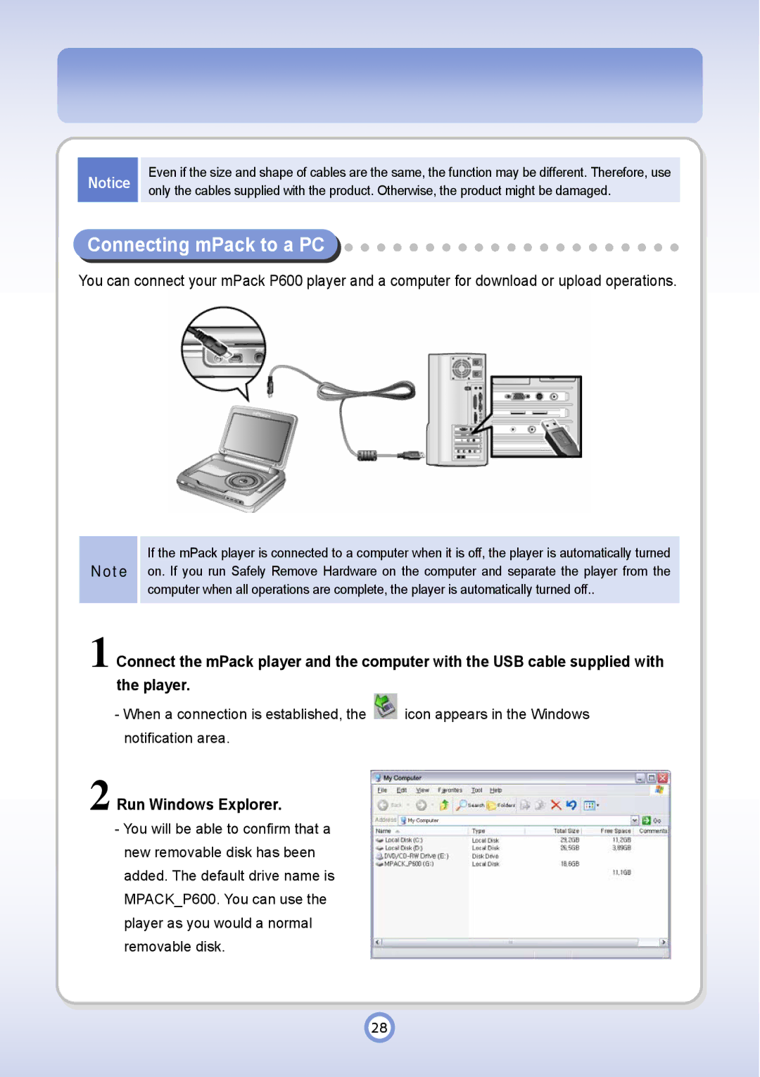 PQI P600 manual Connecting mPack to a PC, Run Windows Explorer 