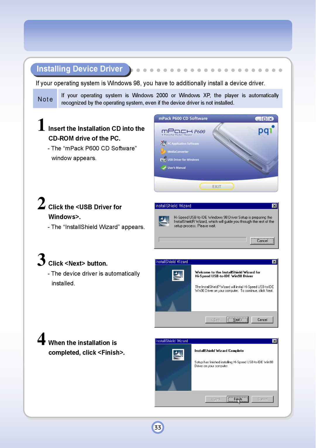 PQI P600 manual Installing Device Driver, Click the USB Driver for Windows 