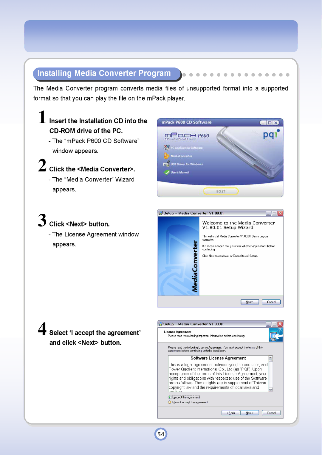 PQI P600 manual Installing Media Converter Program, Click the Media Converter 