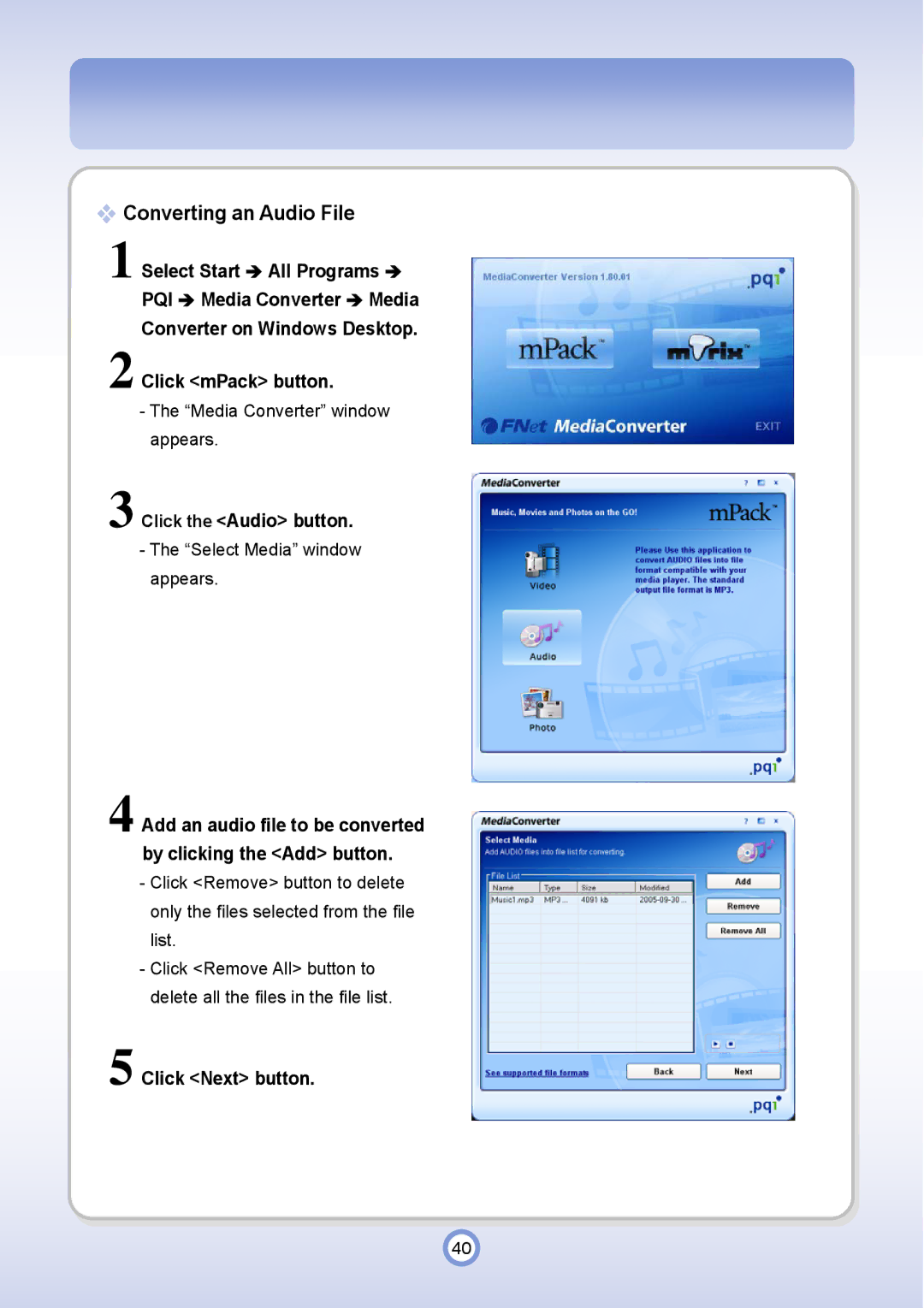 PQI P600 manual Converting an Audio File, Click the Audio button 