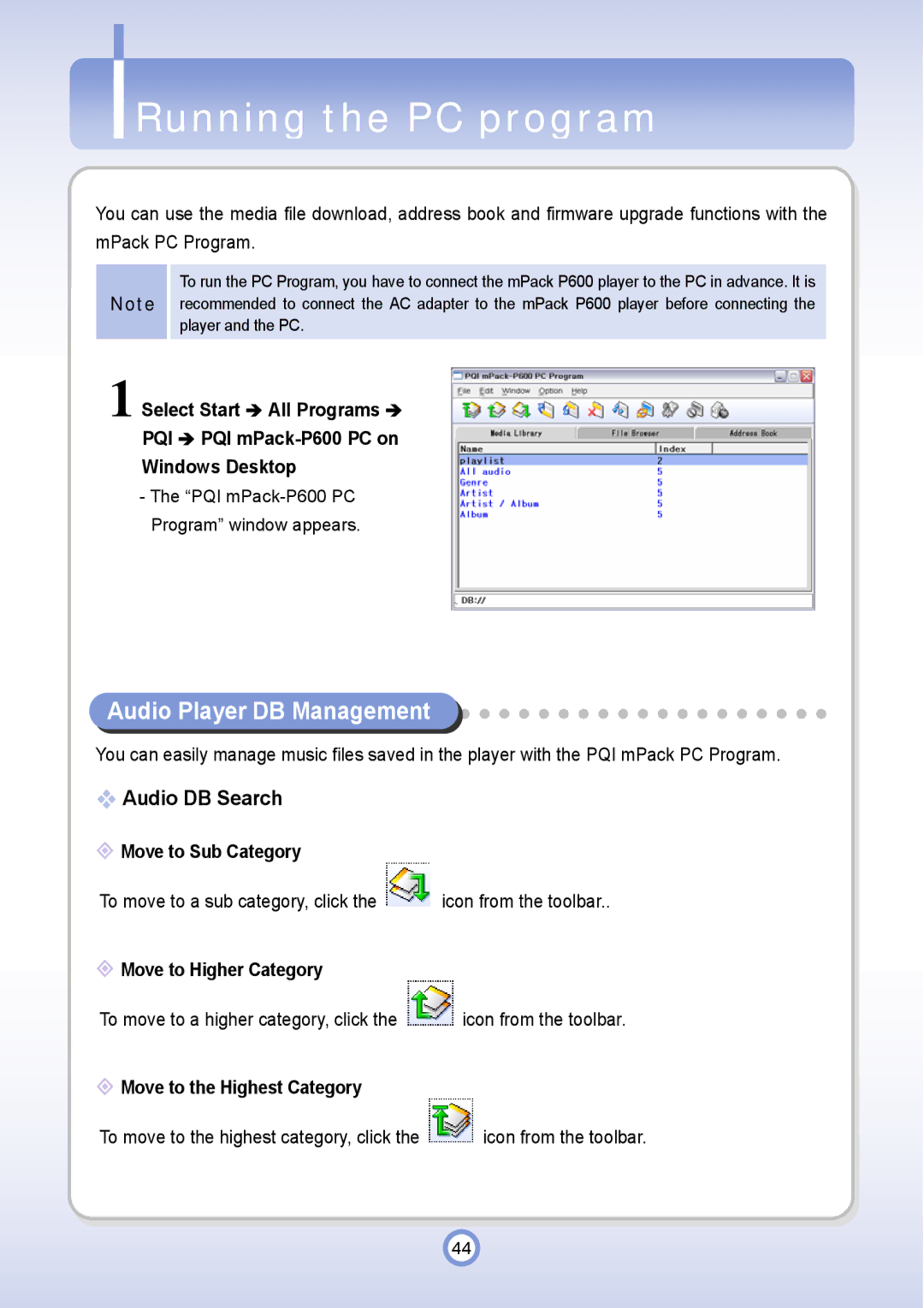 PQI P600 manual Running the PC program, Audio Player DB Management, Audio DB Search 