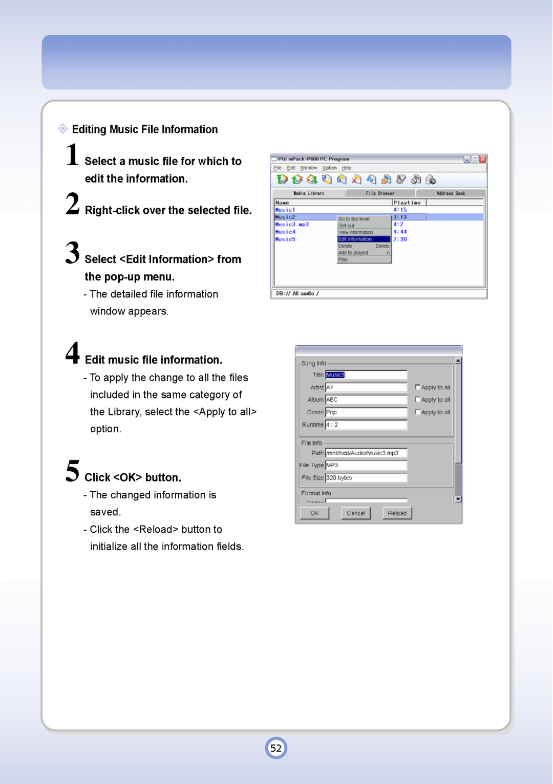 PQI P600 manual Edit music file information 