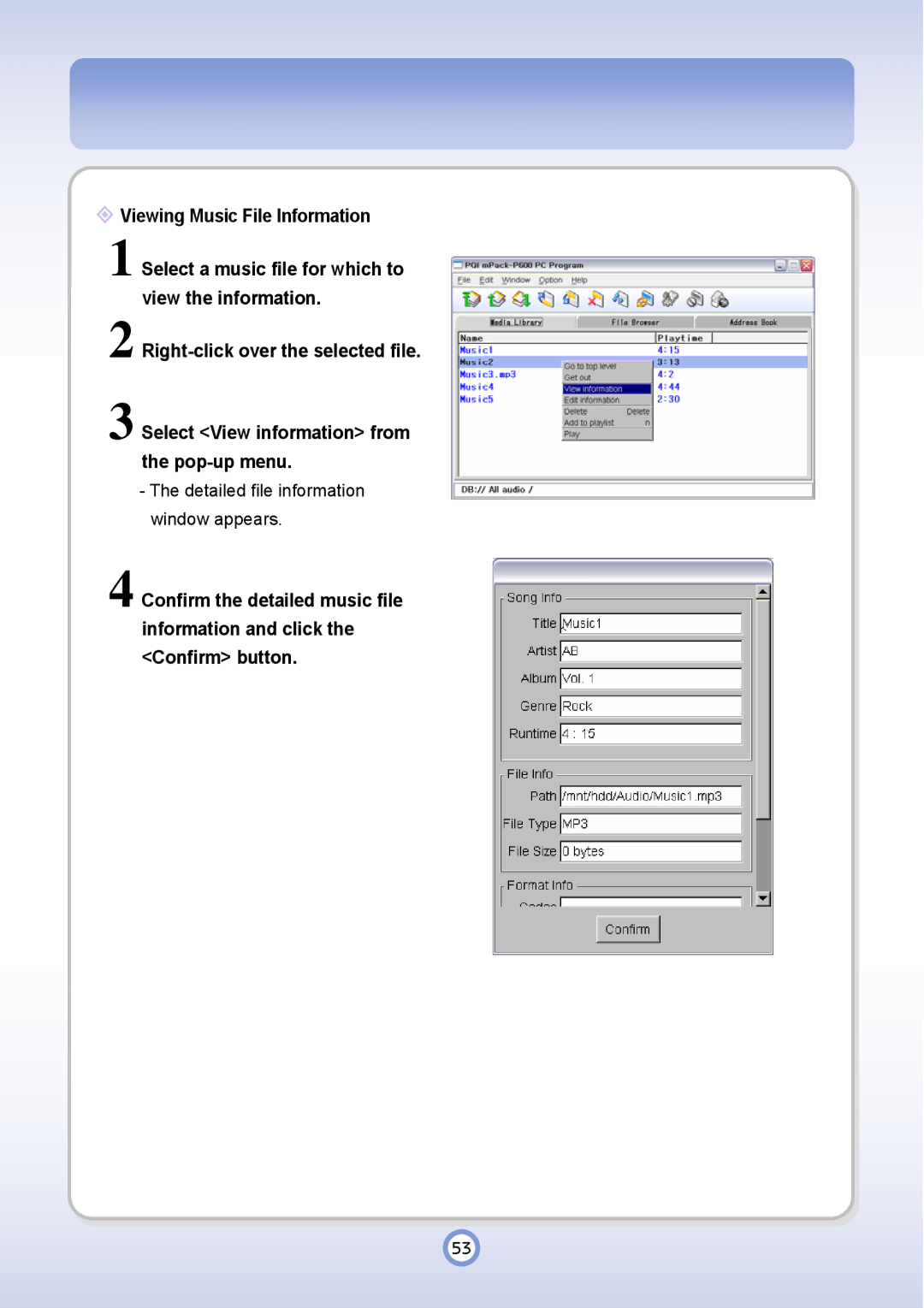 PQI P600 manual Detailed file information window appears 