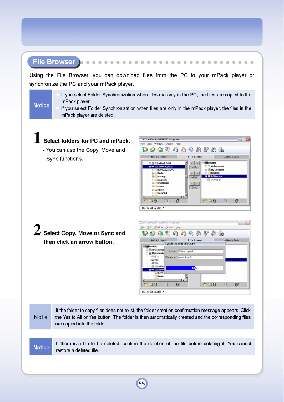 PQI P600 manual File Browser, Select folders for PC and mPack 