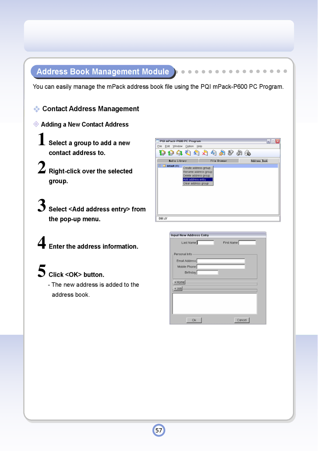 PQI P600 manual Address Book Management Module, Contact Address Management 