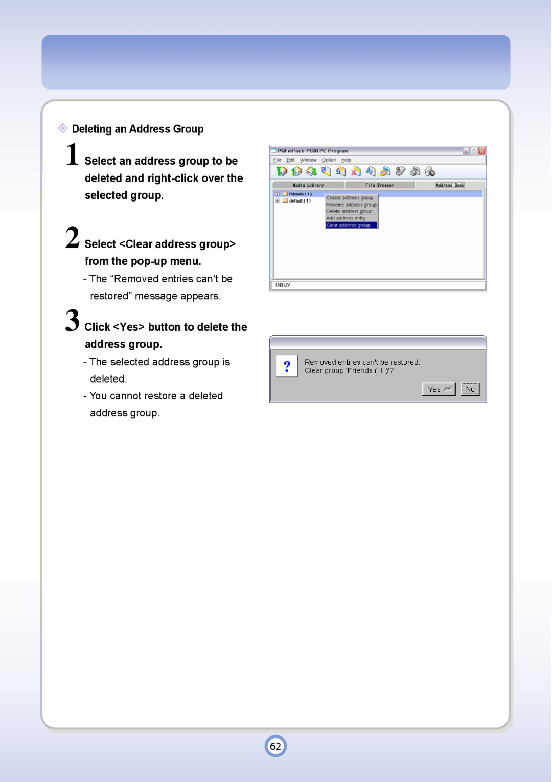 PQI P600 manual Click Yes button to delete the address group 