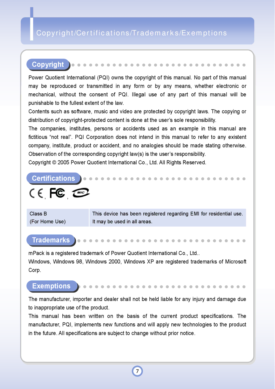 PQI P600 manual Copyright/Certifications/Trademarks/Exemptions 