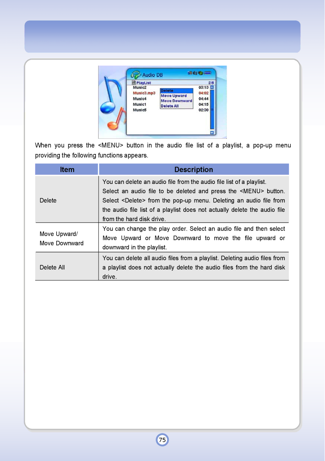 PQI P600 manual Select an audio file to be deleted and press the Menu button 