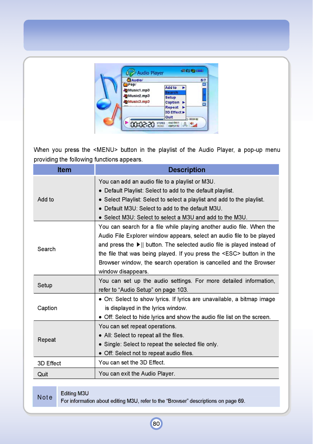 PQI P600 manual You can add an audio file to a playlist or M3U 