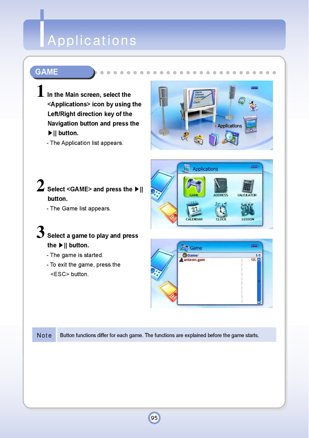 PQI P600 manual Applications, Select Game and press the button, Select a game to play and press the button 