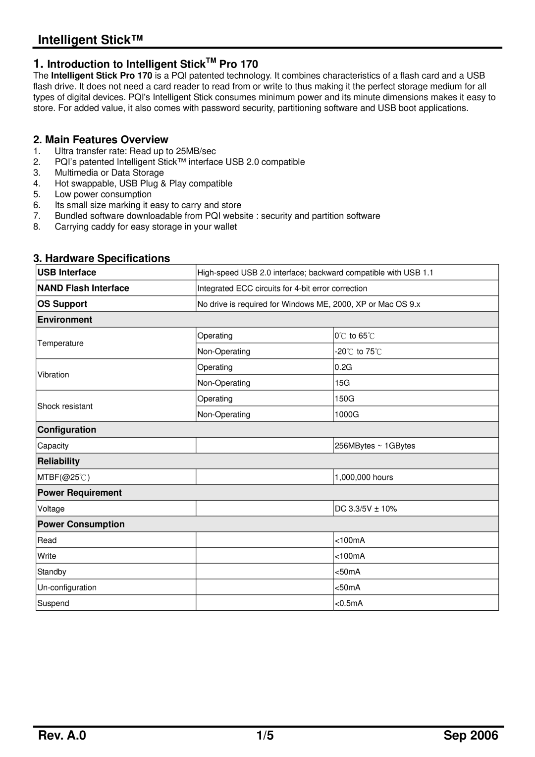 PQI Pro 170 manual Introduction to Intelligent StickTM Pro, Main Features Overview, Hardware Specifications 